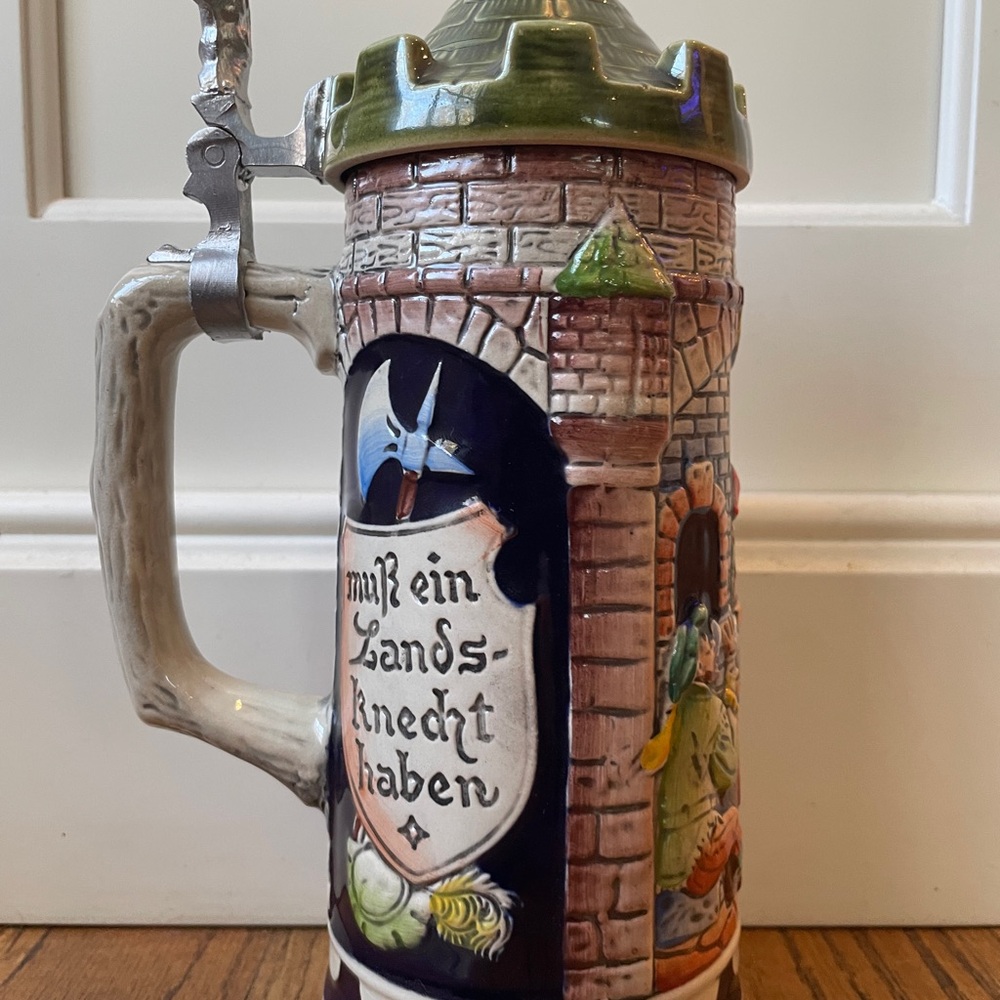 Vintage GERZ Handarbeit German Lidded Beer Stein Castle Tavern Scene